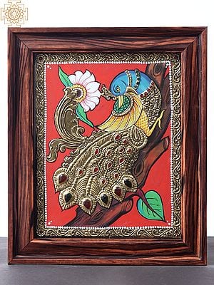 Blue Peacock with Beautiful Long Tail | Tanjore Painting | With Frame