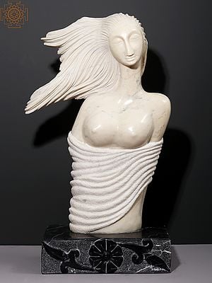 33" Original White Marble Lady with Flowing Tresses Statue | Modern Art