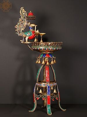 41" Peacock Urli with Lamp and Bells | Brass with Inlay Art