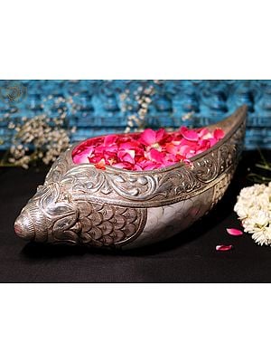 16" Conch Shape Urli | 92.5 Silver Cladding on Wood with MOP Inlay
