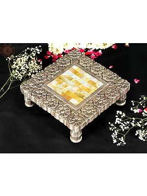 10" Square Shape Designer Pedestal (Chowki) | 92.5 Silver Cladding on Wood with MOP Inlay