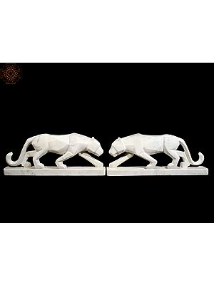 Pair of Panther Figurines | White Marble Statue