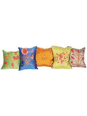 Bundle of Five Pure Silk Cushion Covers from Kashmir with All-Over Ari-Embroidery