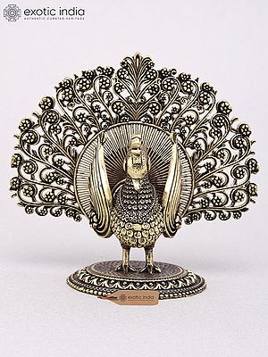 3" Small Brass Peacock Figurine with Open Tail - Table Decor Accent