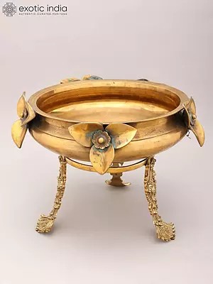 14" Brass Urli with Flower Design and Ornate Stand