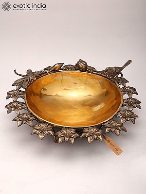 17" Brass Urli with Flower and Bird Design