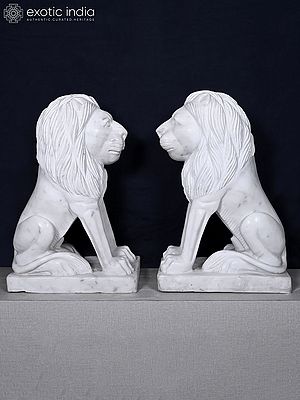 30" Pair Lion Statues - Marble Guardian Figures
