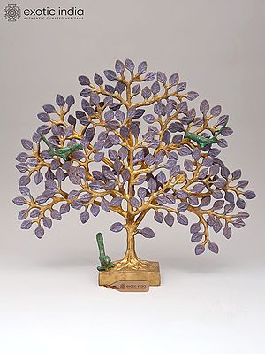 Metal Lilac Tree Sculpture with Parrots