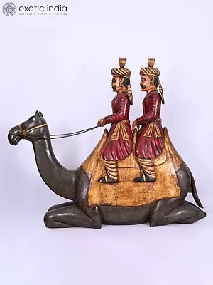32" Two Men Seated on the Camel | Home Decor Wooden Statue | Handmade Indian Art