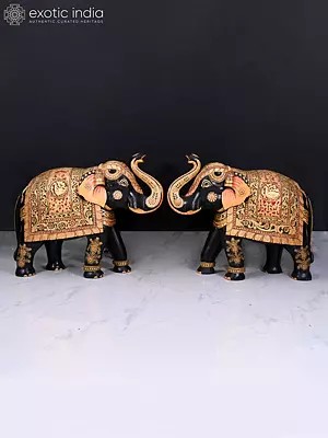 47" Welcoming Elephant | Wooden Pair Statue | Handmade Indian Art