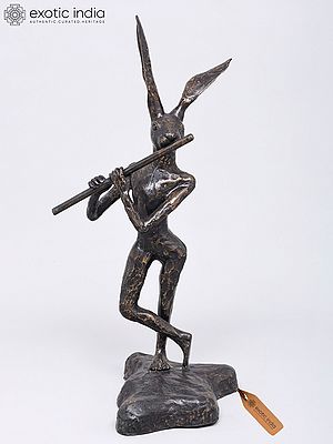 20" Rabbit Playing Flute Brass Statue