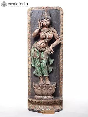 42" Devangana (Temple Maiden) in Shringara Pose Wooden Statue by Jagriti Bhardwaj