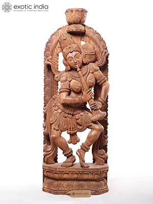 Wooden Temple Sculpture: Celestial Musician (Devangana) Playing Shehnai (42")