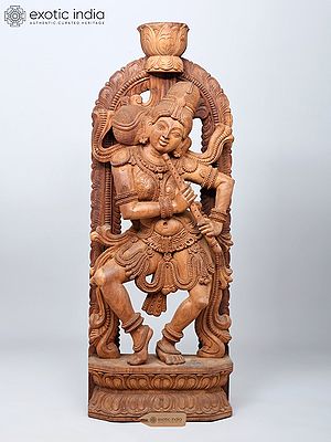 Madanika (Temple Dancer) with Flute in Tribhanga – South Indian Style Wooden Statue