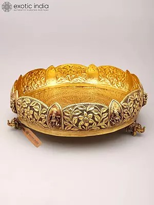 Decorative Brass Urli Bowl Featuring Ashtalakshmi and Floral Motifs with Elephant Feet