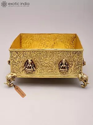 Square Brass Urli Bowl with Lakshmi Motif & Elephant Legs