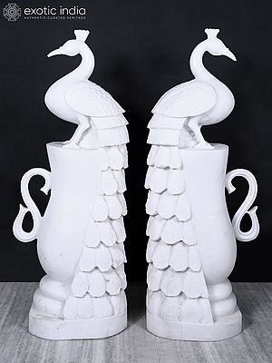 36" White Marble Peacock Pair Statue