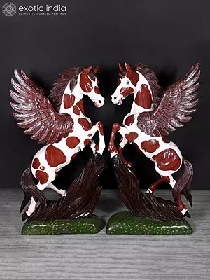 42" Pair Wooden Horse Statue | Home Decor | Handmade Indian Art