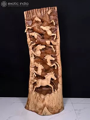58" Eight Horses Wooden Statue | Home Decor | Handmade Indian Art
