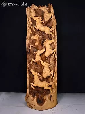 90" Seven Horses Wooden Statue | Home Decor | Handmade Indian Art