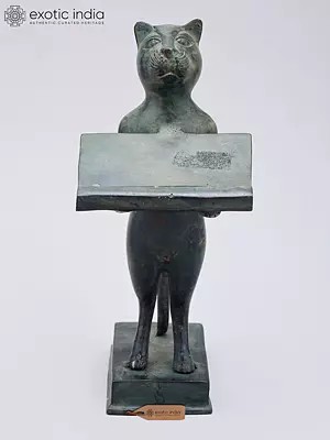 8" Cat Figurine with Offering Tray | Decorative Brass Statue | Table Piece