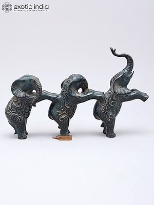 Brass Elephant Figurine Trio - 10 Inches Tall
