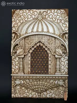 Large Carved Marble Jharokha Window Panel for Home Accent