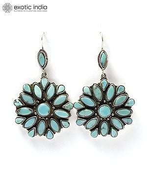 Flower Design Tibetan Turquoise Earrings | Sterling Silver Jewelry