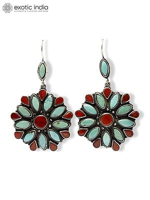 Flower Design Sterling Silver Earrings with Persian Turquoise and Coral