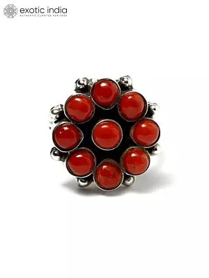 Floral Design Coral Gemstone Ring | Sterling Silver Jewelry