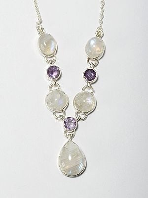 Rainbow Moonstone Necklace with Faceted Amethyst