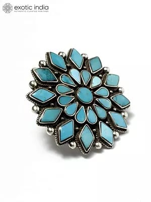 Adjustable Persian Turquoise Flower Ring | Sterling Silver Jewelry