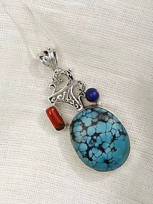 Designer Turquoise Pendant with Coral and Lapis Lazuli