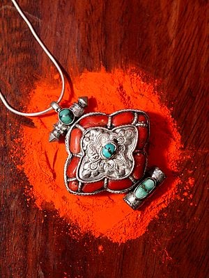 Centered Turquoise with Coral Border Gau Box Pendant