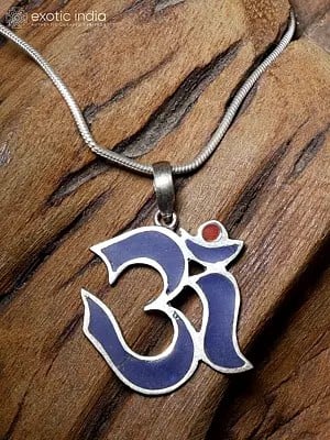 Sterling Silver Om Pendant with Blue Inlay