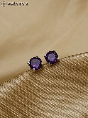 Round Shape Sterling Silver Stud Earrings with Faceted Gemstone