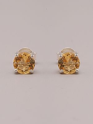 Round Shape Sterling Silver Stud Earrings with Faceted Gemstone