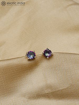 Round Shape Sterling Silver Stud Earrings with Faceted Gemstone