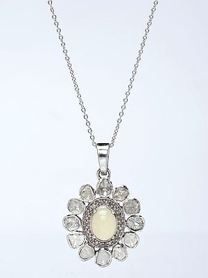 Floral Design Polki Diamond Pendant with Ethiopian Opal in Center