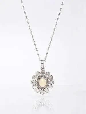 Floral Design Polki Diamond Pendant with Ethiopian Opal in Center