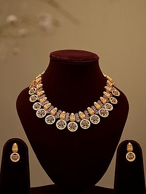 Goddess Lakshmi Lotus Coin Necklace and Earrings Set
