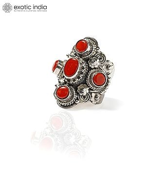 Adjustable Sterling Silver Ring with Coral Gemstones