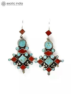 Cripple Creek Turquoise and Coral Earrings | Sterling Silver Jewelry
