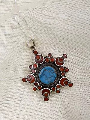 Floral Design Pendant with Turquoise and Coral