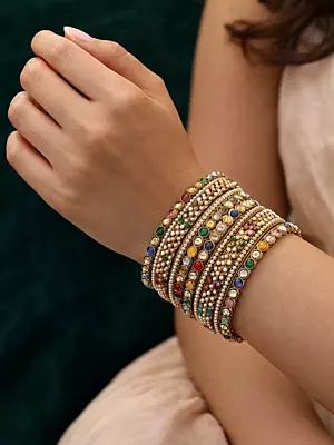 Navratna Style Multicolor Stone and Pearl Bangle Set (10 Pieces)