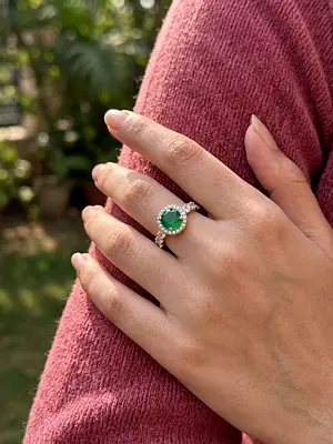 Green Stone Halo Design Sterling Silver Adjustable Ring