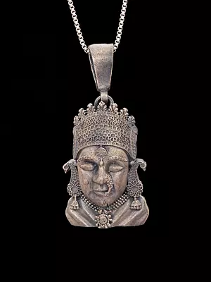 Goddess Tulja Bhawani Antique Finish Sterling Silver Pendant 