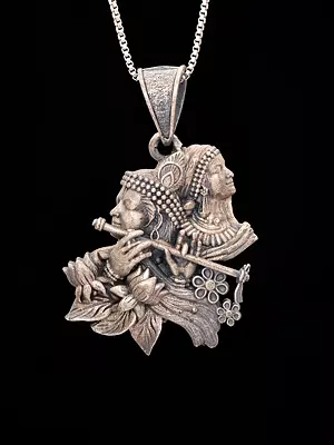 Fluting Radha Krishna Antique Finish Sterling Silver Pendant 