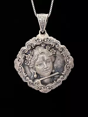 Fluting Lord Krishna Bust Antique Finish Sterling Silver Pendant 