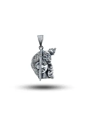 Sterling Silver Pendant: Lord Krishna with Flute and Peacock Feather